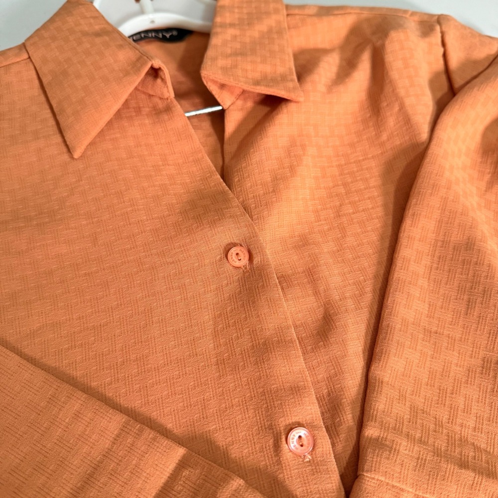 Henny Womens Burnt Orange Textured Checkered 3/4 Sleeve Button Up Blouse